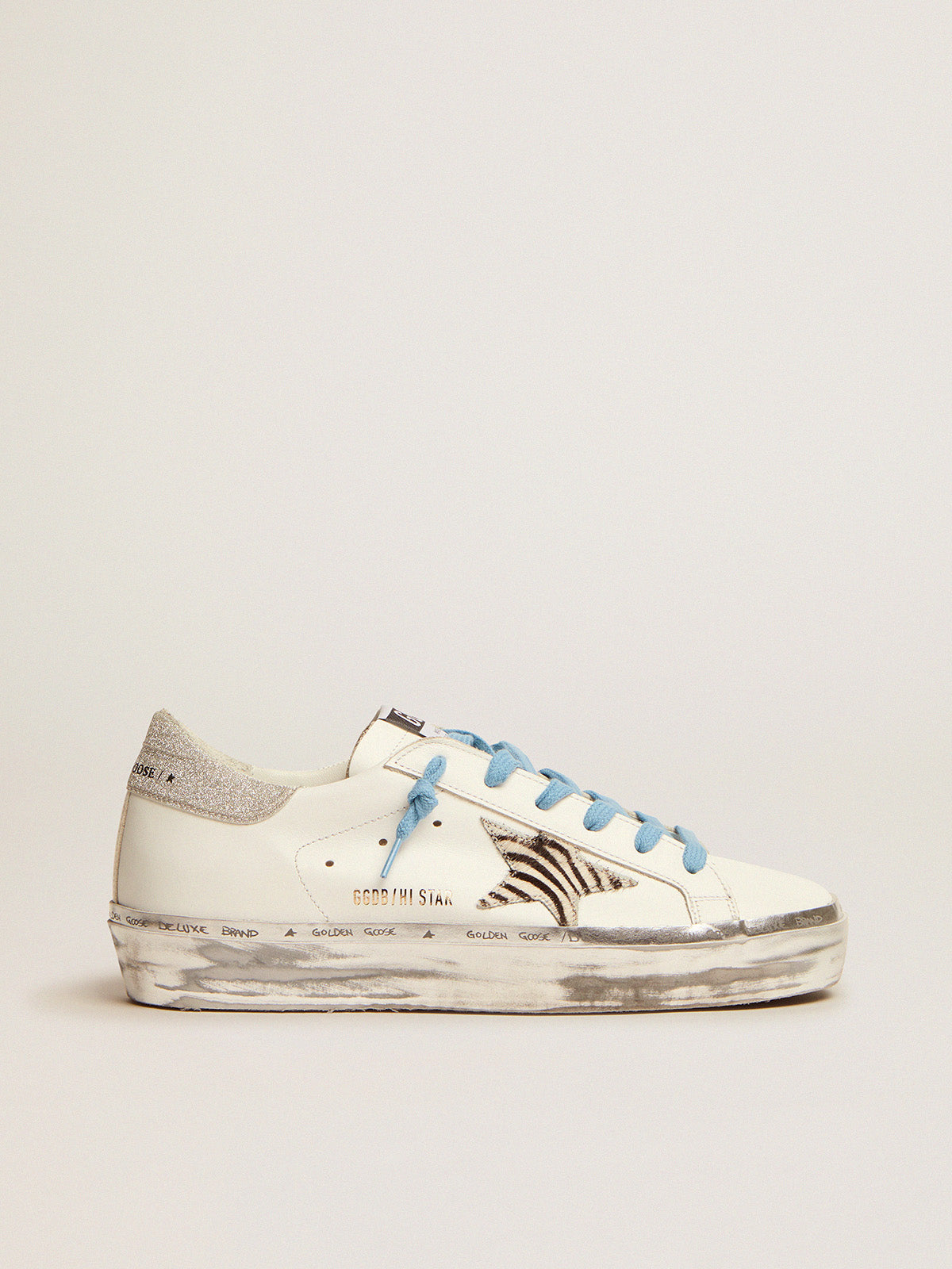 Hi Star sneakers with zebra-print pony skin star and glitter heel tab| Golden Goose