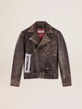 Men's leather biker jacket with hammered studs and adhesive tape| Golden Goose