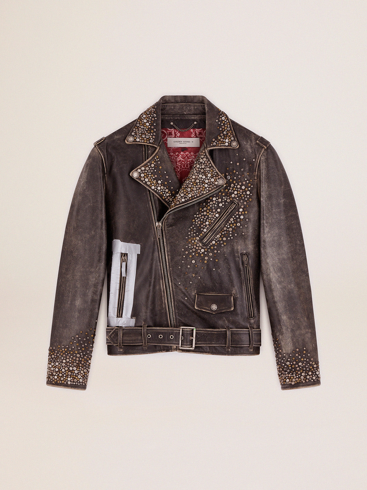 Men's leather biker jacket with hammered studs and adhesive tape| Golden Goose