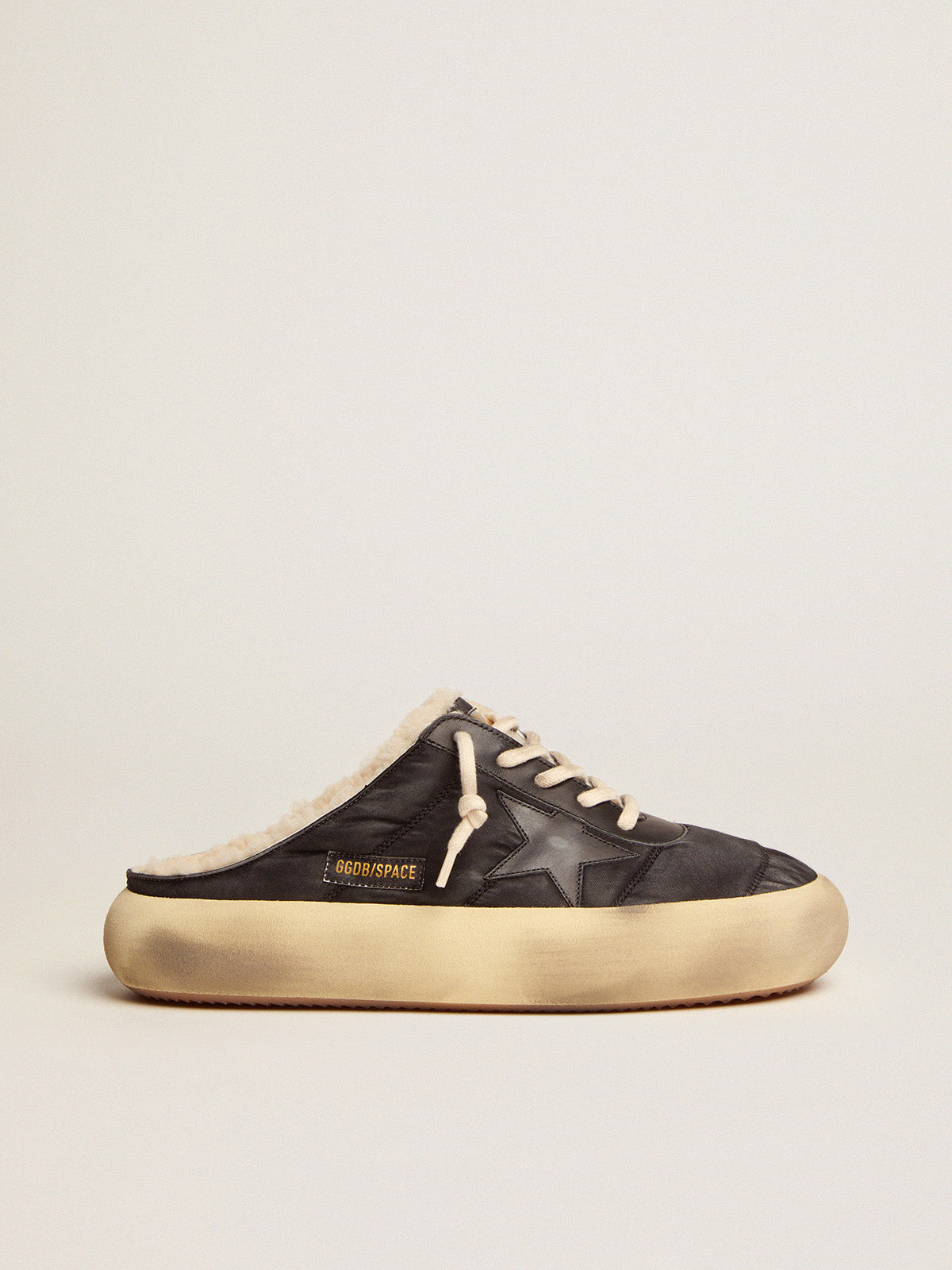 Men's Space-Star Sabot shoes in quilted black nylon with shearling lining| Golden Goose