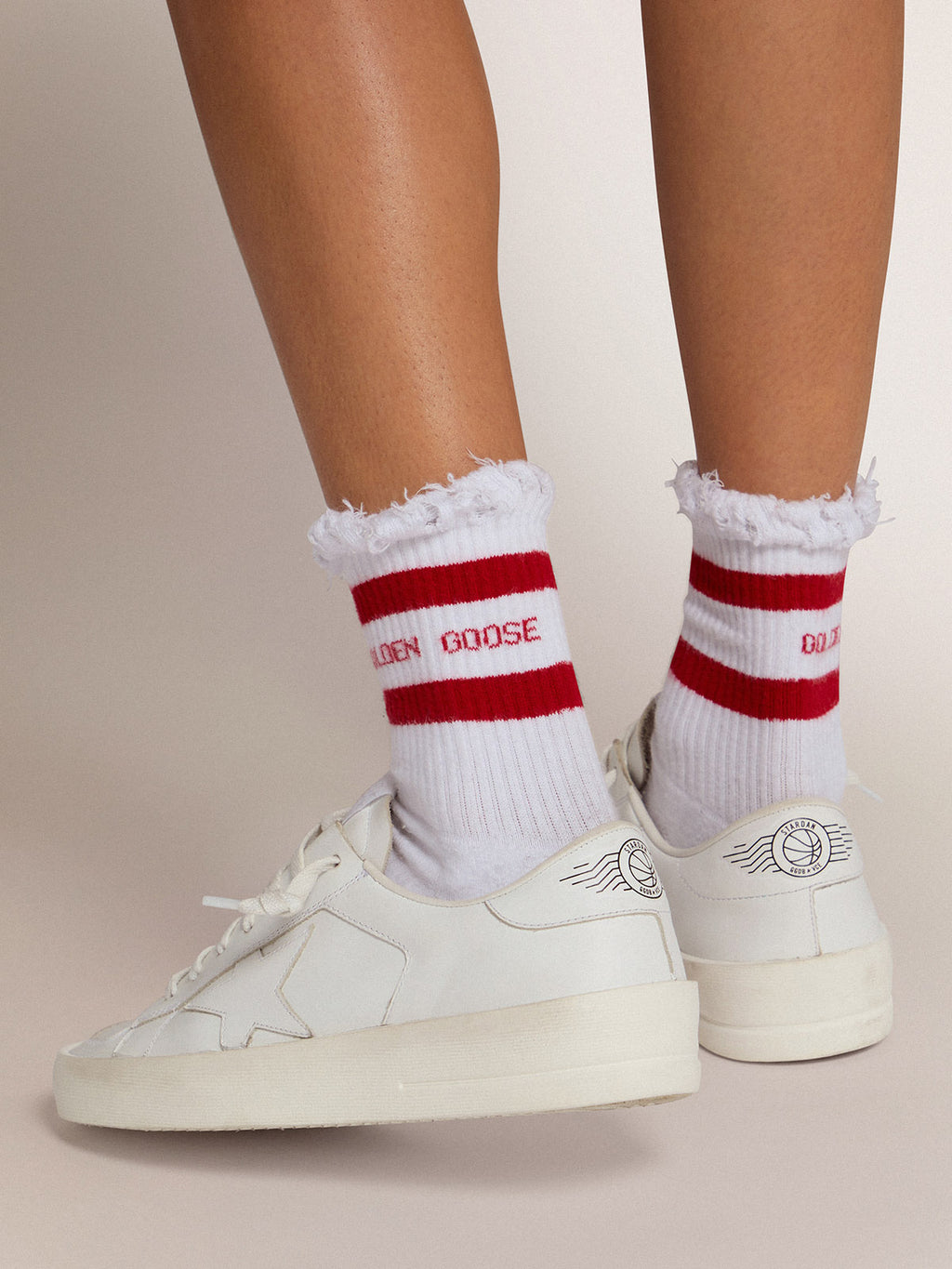 Cotton socks with distressed finishes, red stripes and logo| Golden Goose