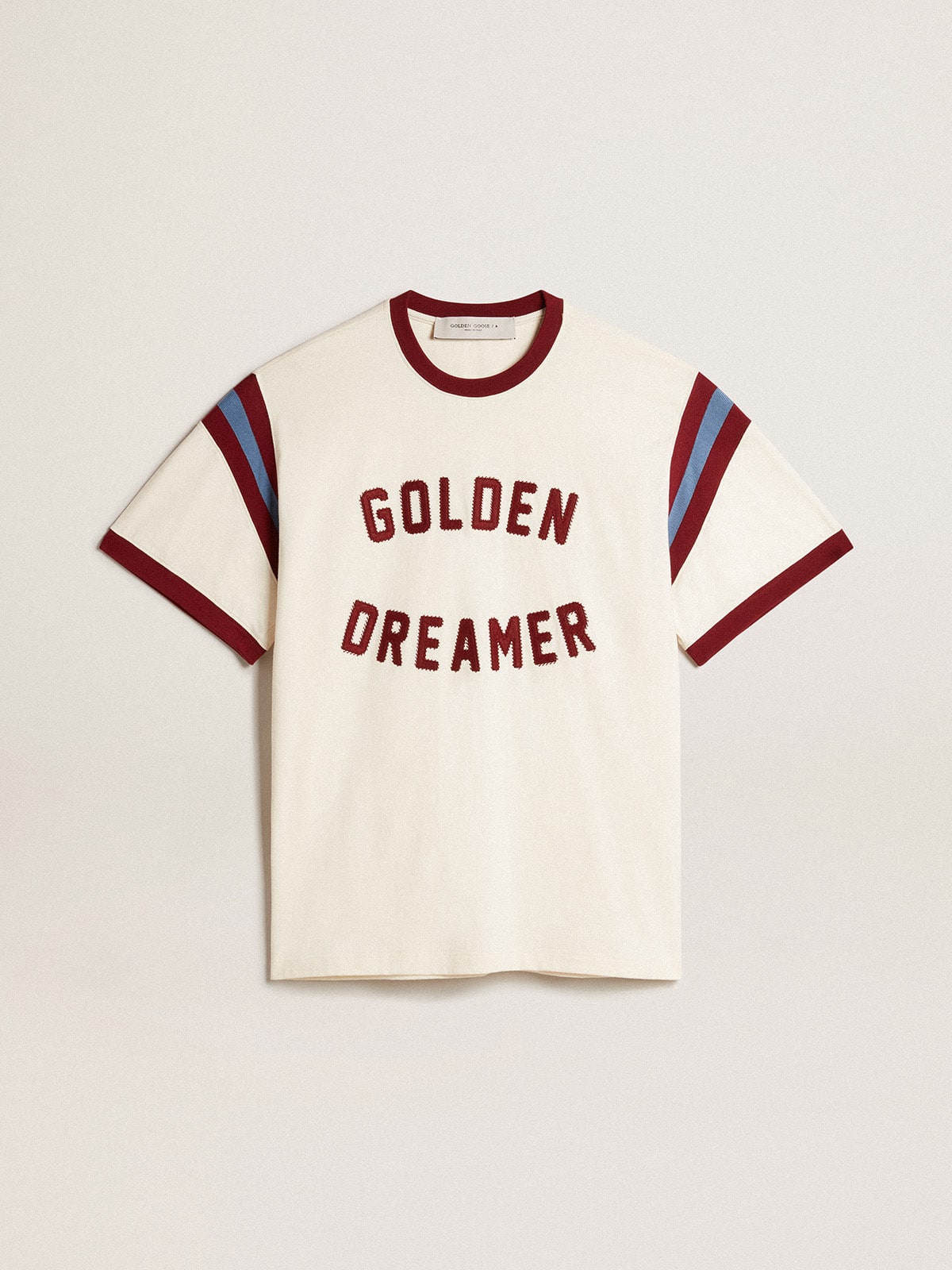 Men's white T-shirt with burgundy lettering on the front| Golden Goose