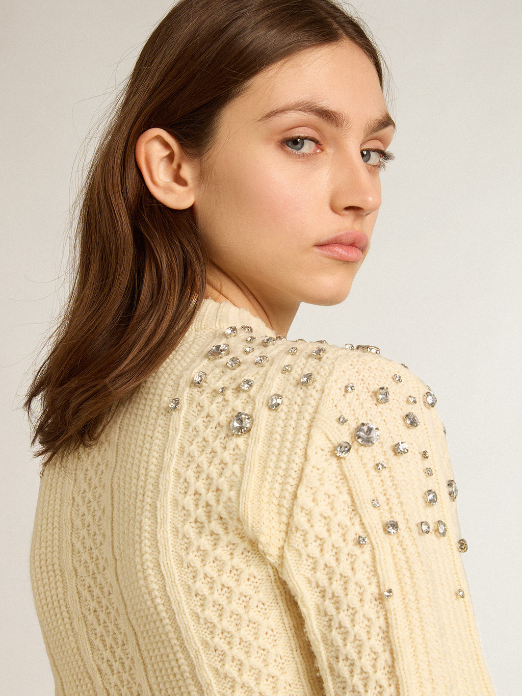 Cropped sweater in white wool with crystals| Golden Goose