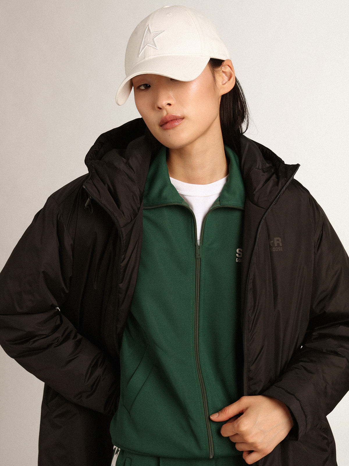 Women's black ankle-length padded jacket with hood| Golden Goose