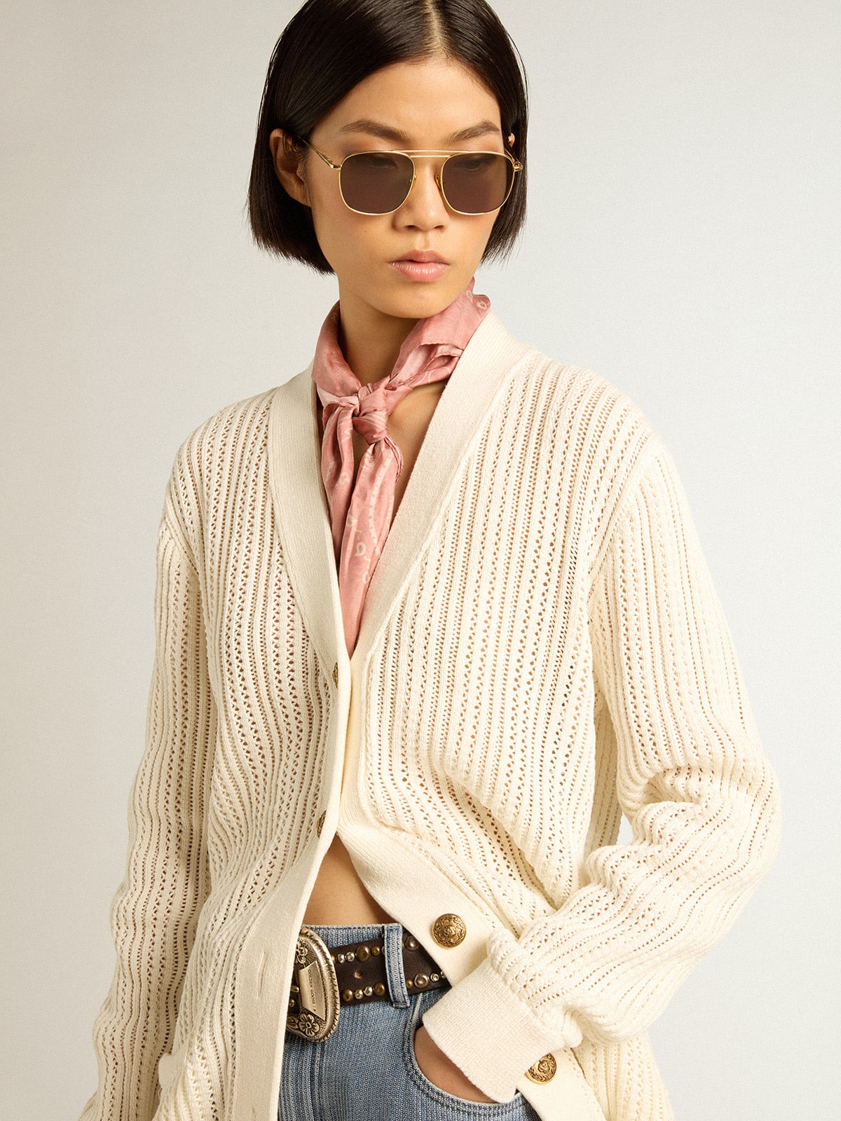 Vintage white-colored openwork cotton cardigan