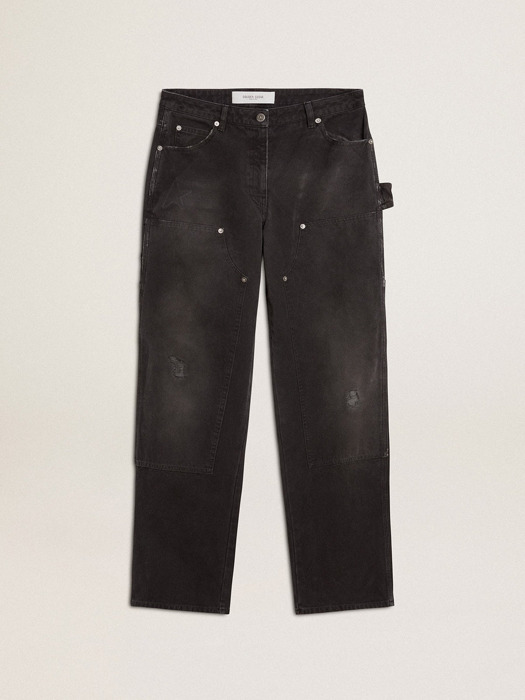 Women's distressed black cotton jeans with front patches| Golden Goose