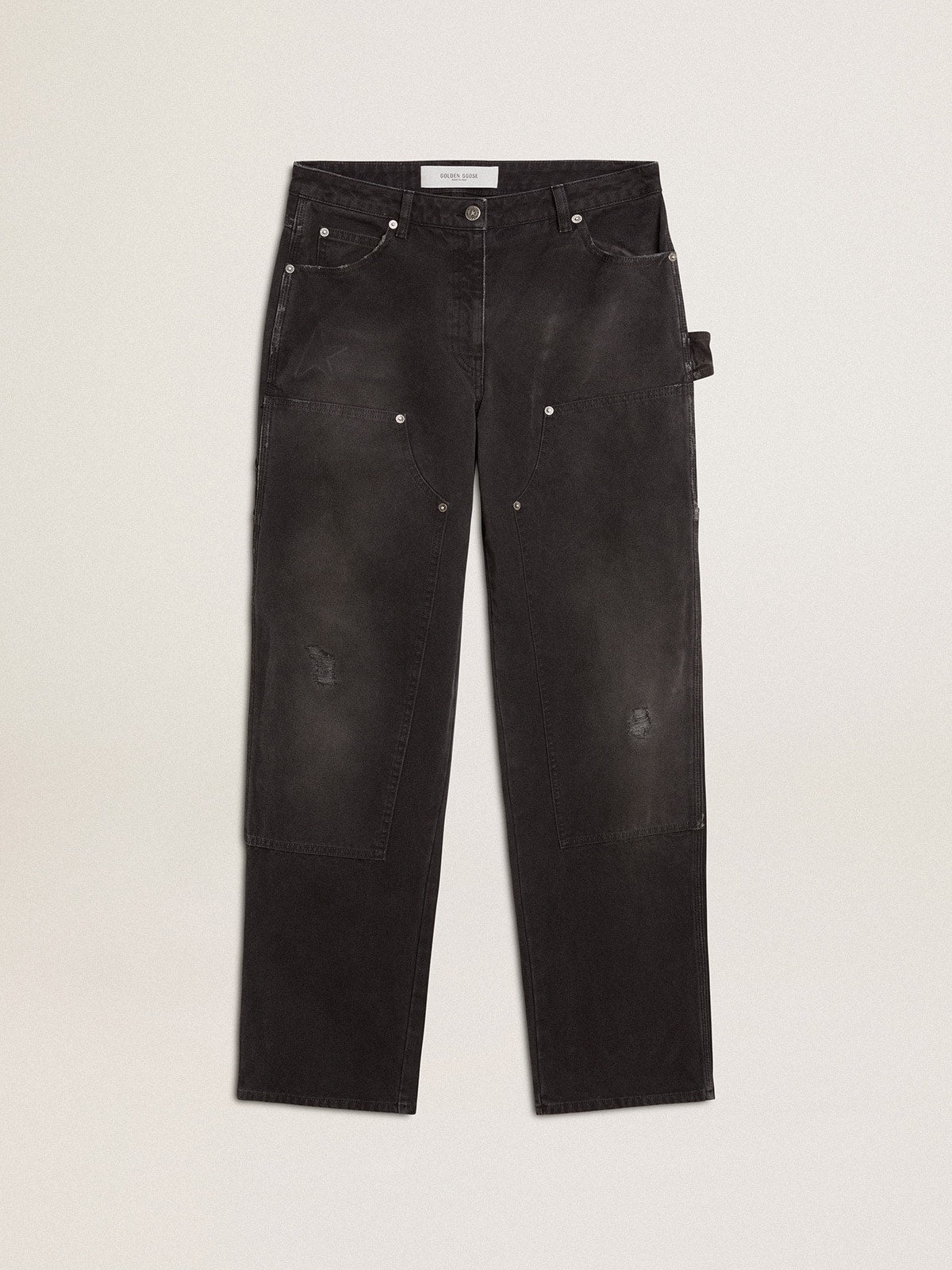 Women's distressed black cotton jeans with front patches| Golden Goose