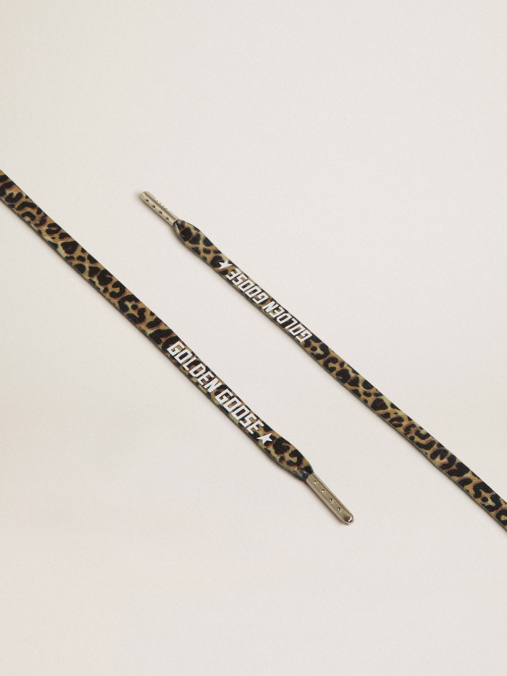 Beige and brown leopard-print laces with contrasting white logo| Golden Goose