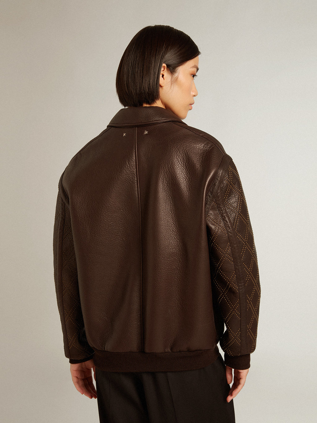 Brown nappa leather jacket with studded sleeves| Golden Goose