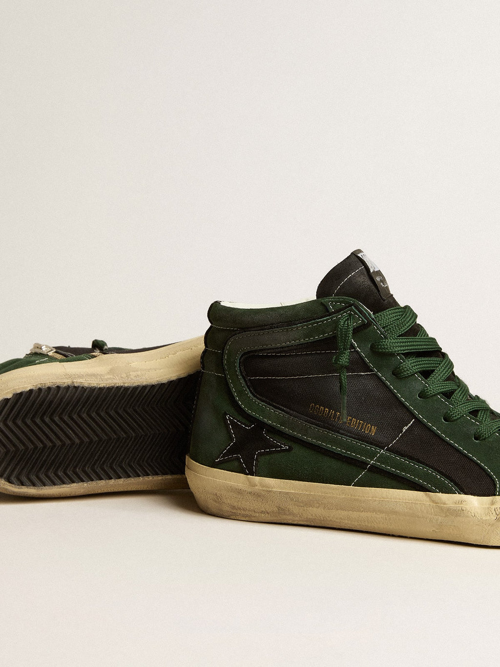 Slide LTD in green suede and black canvas with suede star and flash| Golden Goose