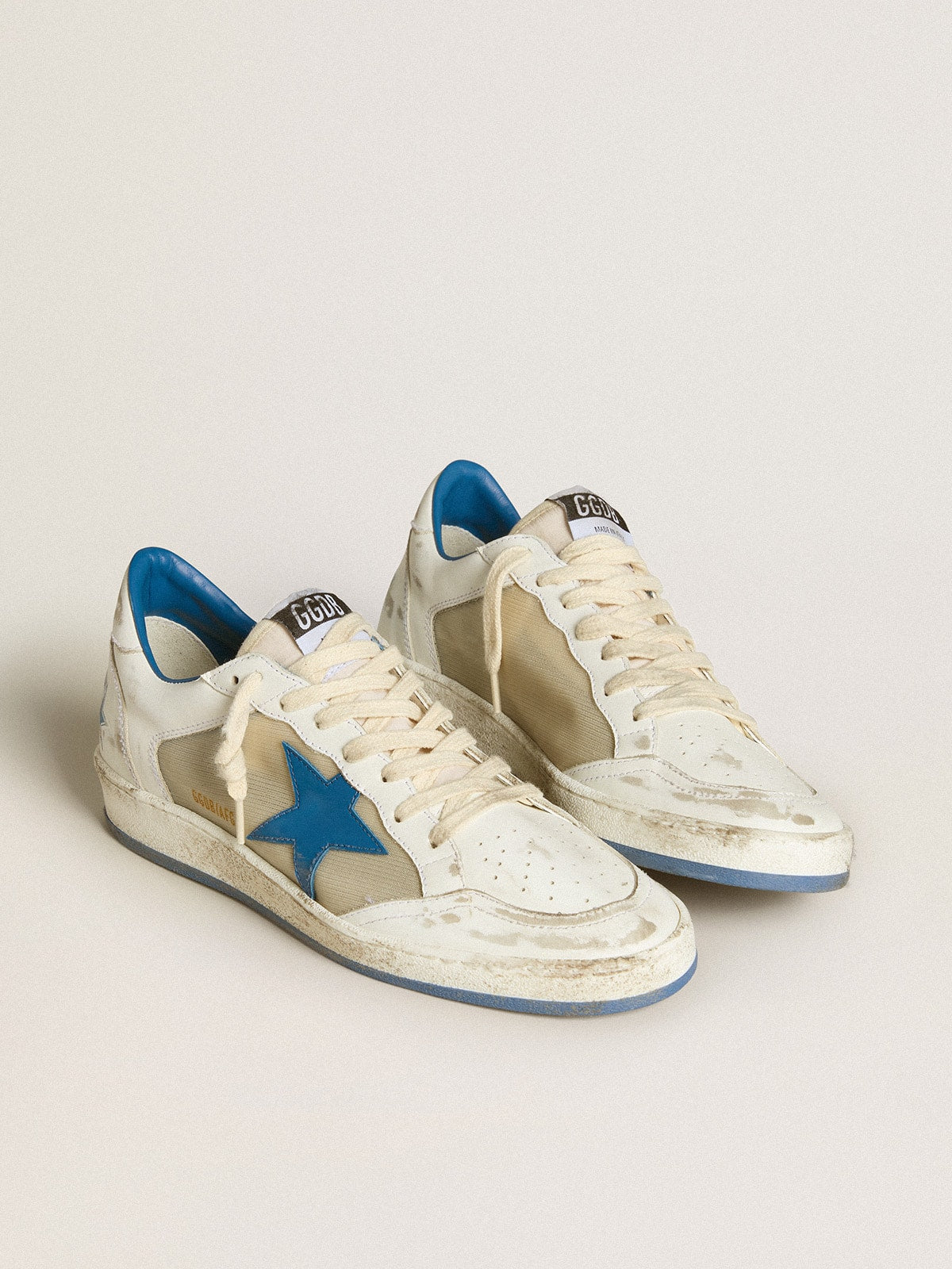 Men's Ball Star LAB in white leather with light blue leather star and white heel tab| Golden Goose
