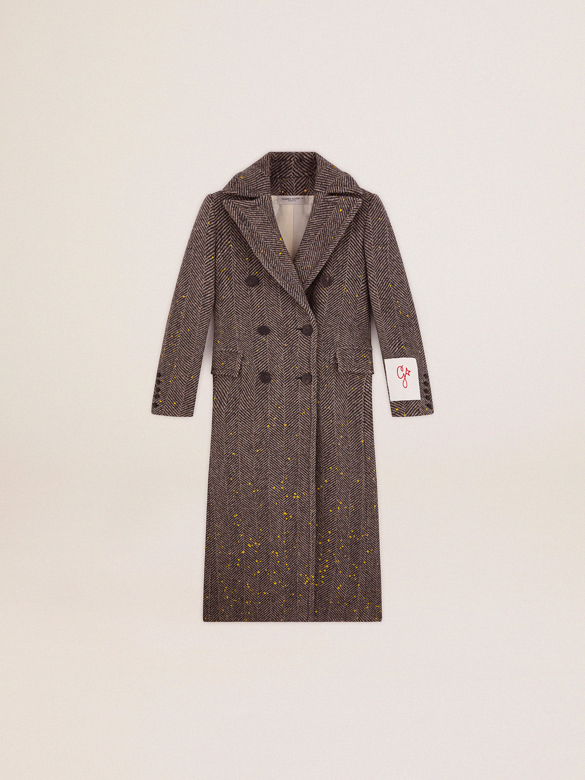 Women's long herringbone coat with yellow details| Golden Goose
