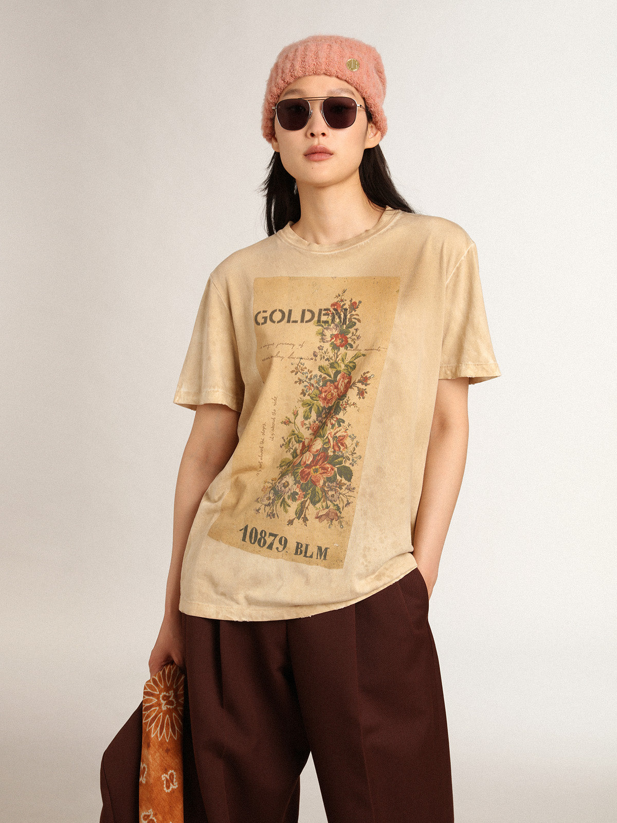 Women's bone white T-shirt with floral print| Golden Goose