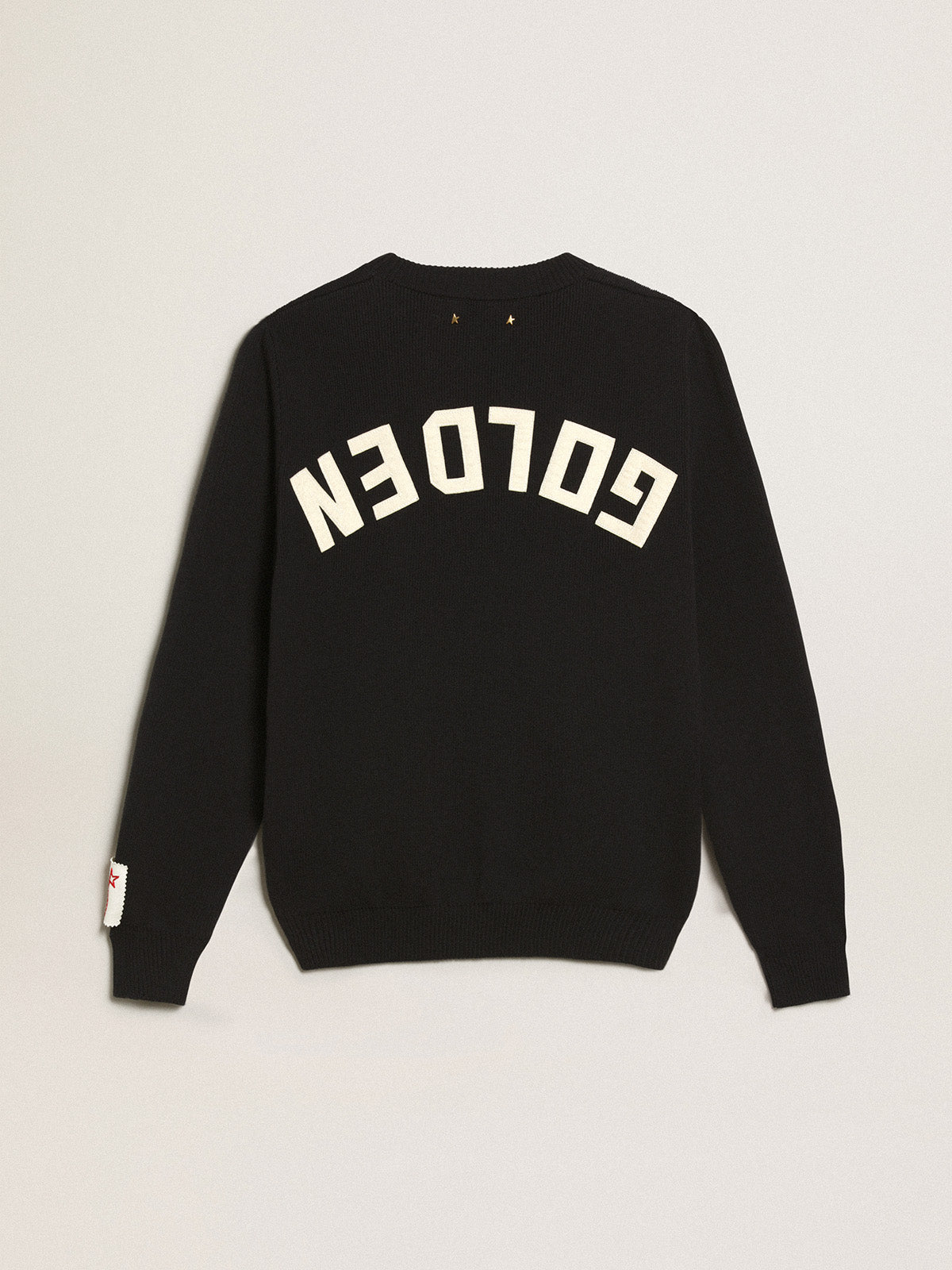 Women's round-neck sweater in dark blue cotton with logo on the back| Golden Goose