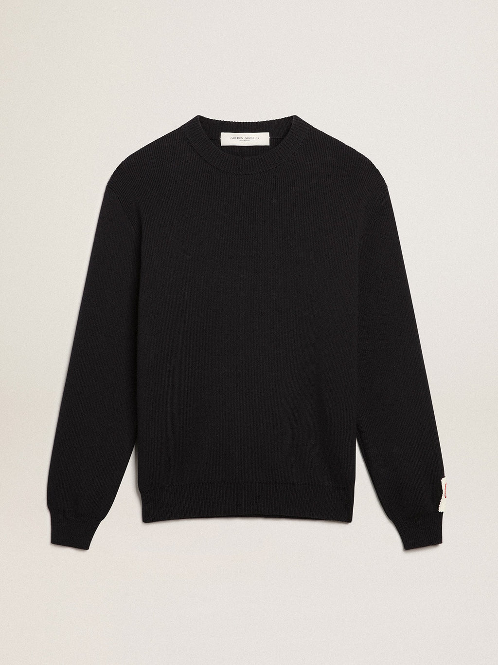 Men's round-neck sweater in dark blue cotton with logo| Golden Goose