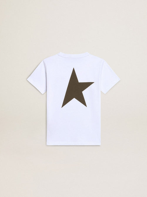 Boys' white T-shirt with contrasting dark green logo and star| Golden Goose