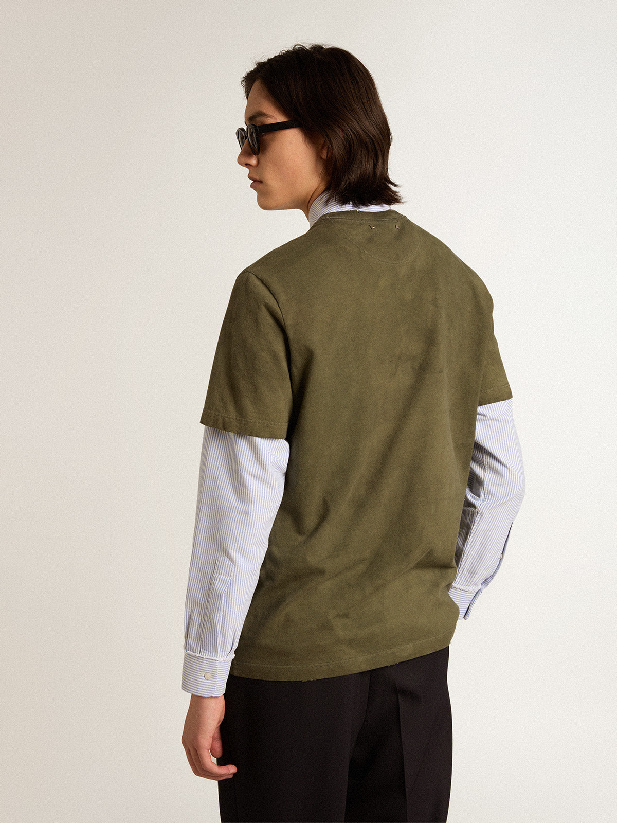 Beech-colored cotton T-shirt with embroidery on the front| Golden Goose