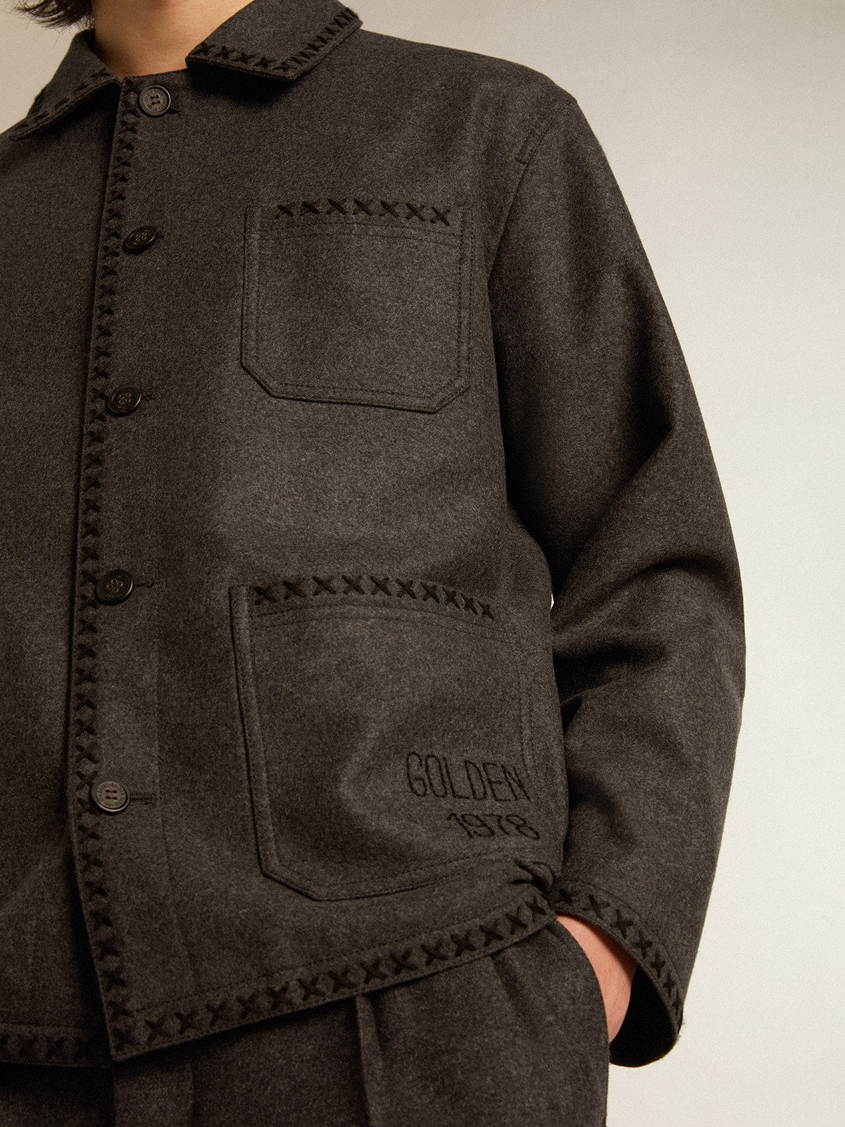 Gray melange woolen jacket with button fastening| Golden Goose