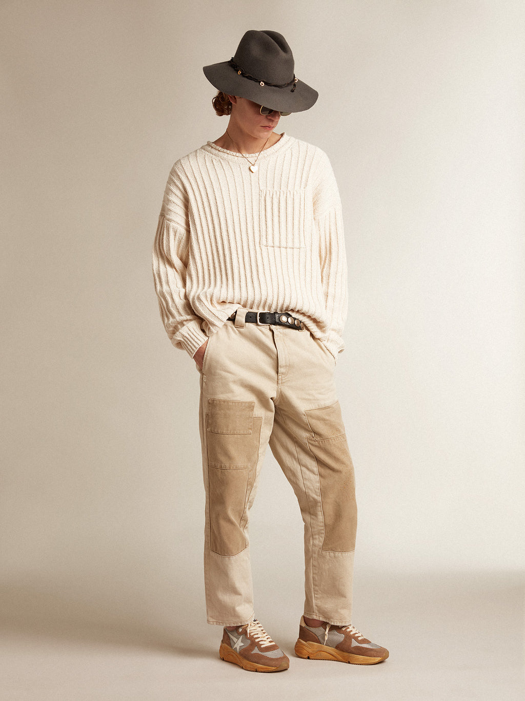 Running Sole in silver mesh and tobacco suede with a white star| Golden Goose