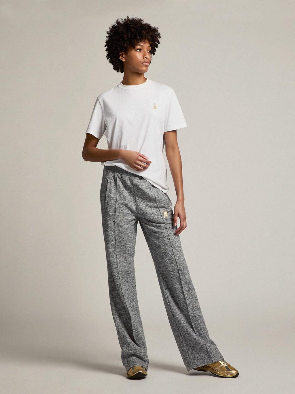 White Star Collection T-shirt with star in gold glitter on the front| Golden Goose