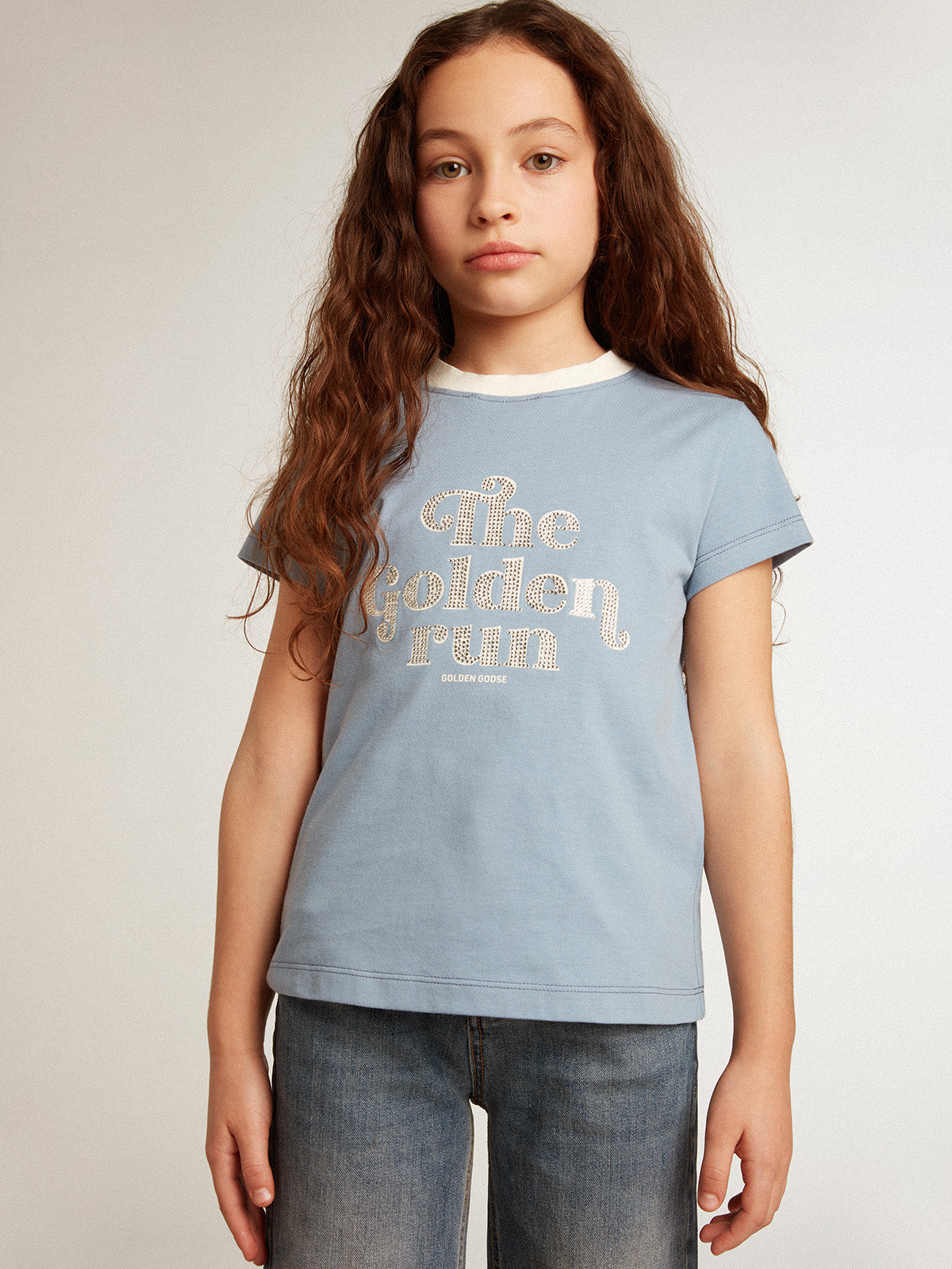 Girls' light blue cotton T-shirt with print and crystals| Golden Goose