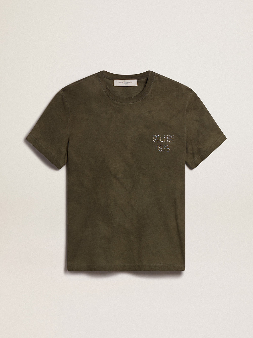 Beech-colored cotton T-shirt with embroidery on the front| Golden Goose