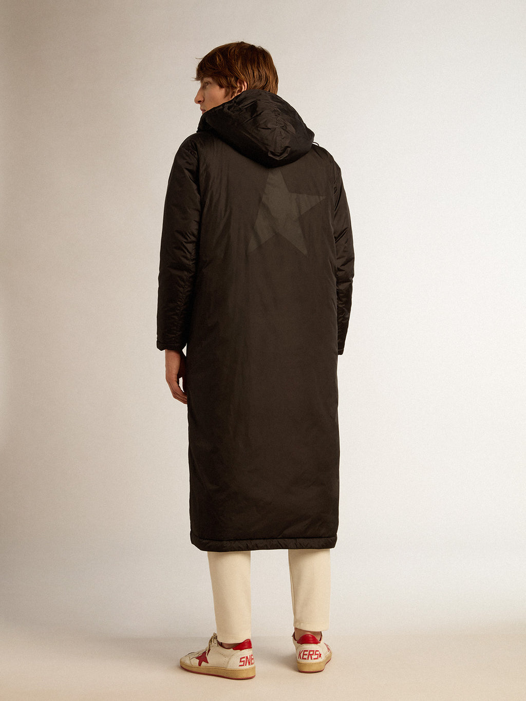 Men's black Star Collection ankle-length hooded padded jacket| Golden Goose