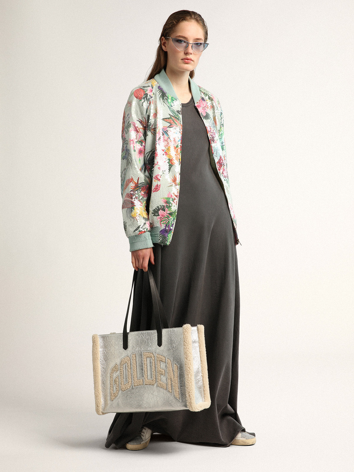 Women's California Bag East-West in silver leather and wool inserts| Golden Goose