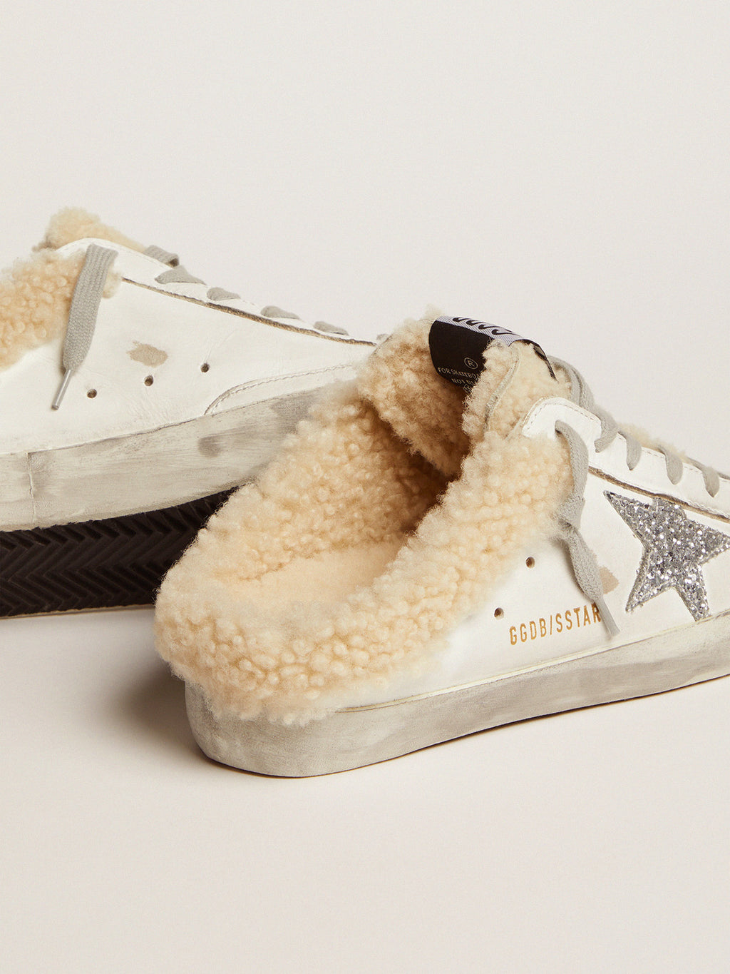 Women's Super-Star Sabot in white leather and shearling lining| Golden Goose
