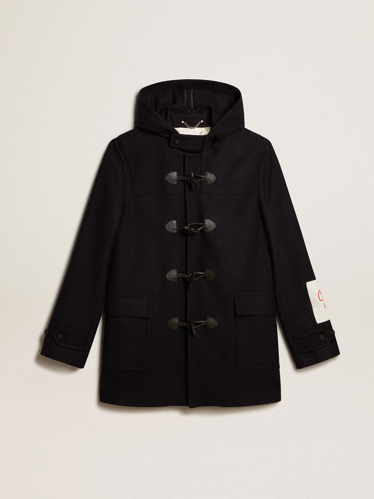 Dark blue wool duffle coat with hood and toggle fastening| Golden Goose