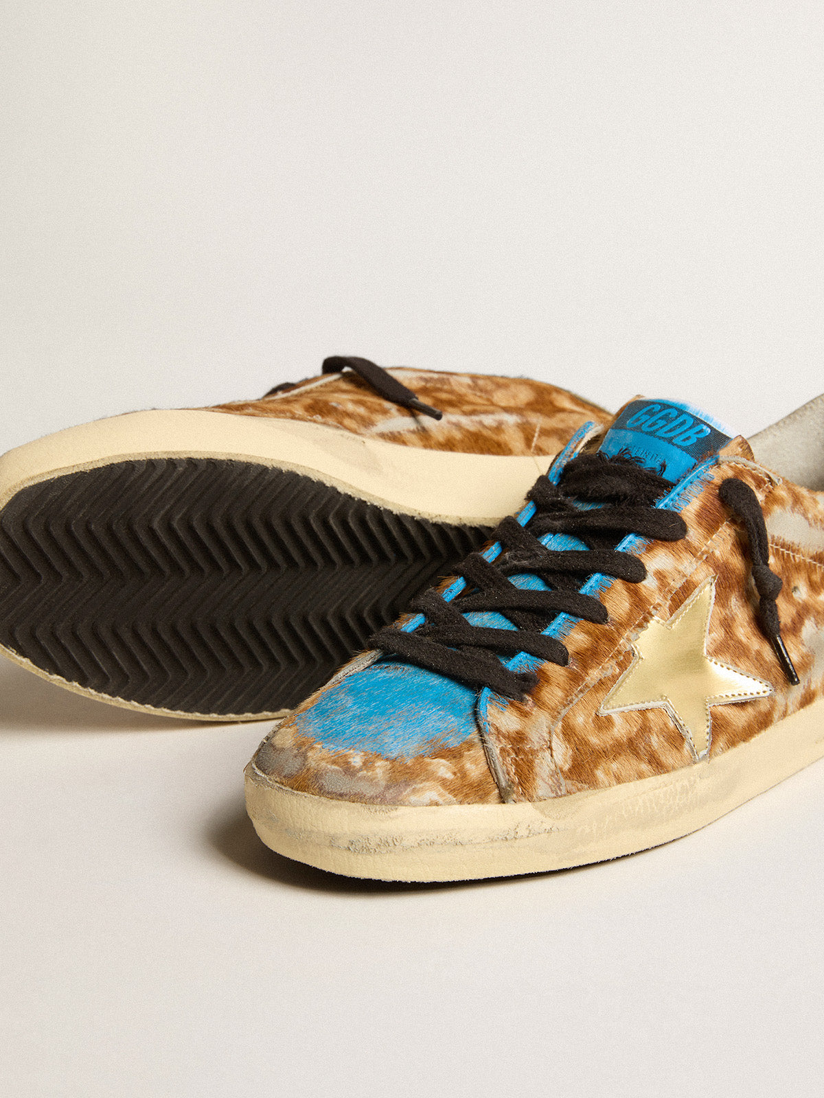 Women's Super-Star LAB in leopard pony skin with gold star and gray heel tab| Golden Goose