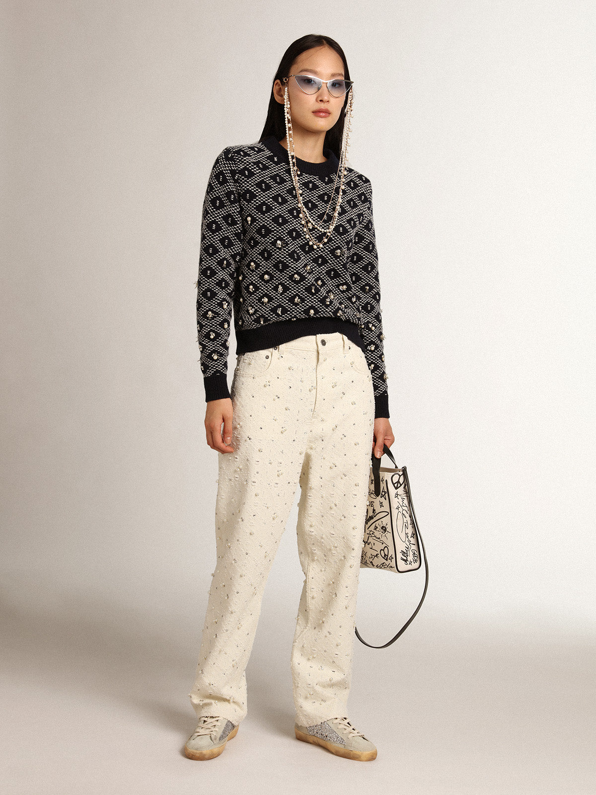 Journey Collection Kim jeans in off-white cotton with diamond patterns and the addition of beads and crystals| Golden Goose